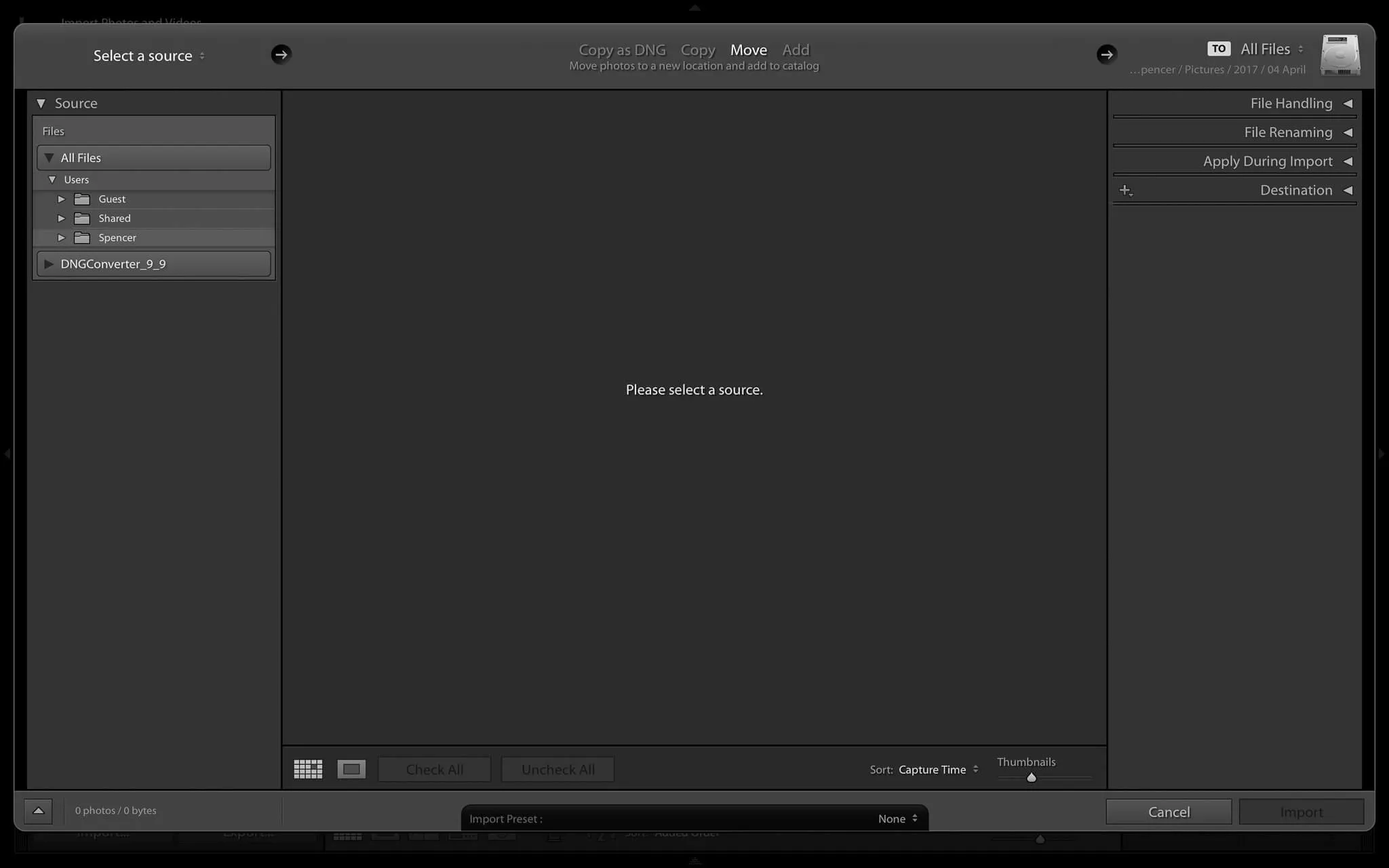 Adobe Lightroom CC Import Dialogue