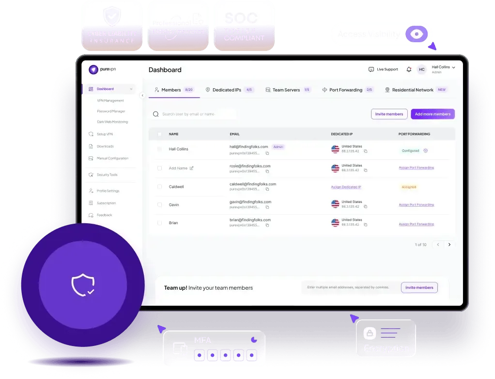 PureVPN for Teams admin dashboard with SOC Type I and II, cyber liability insurance, and professional liability insurance badges plus MFA and encryption controls