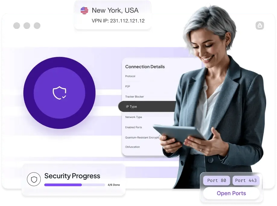 A business user reviewing PureVPN for Teams connection details including quantum-resistant encryption, obfuscation, open ports, and security progress
