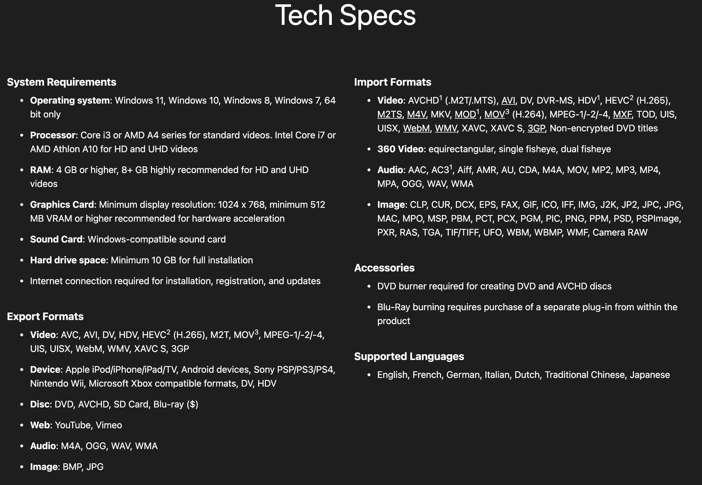 Tech Specs for Corel VideoStudio