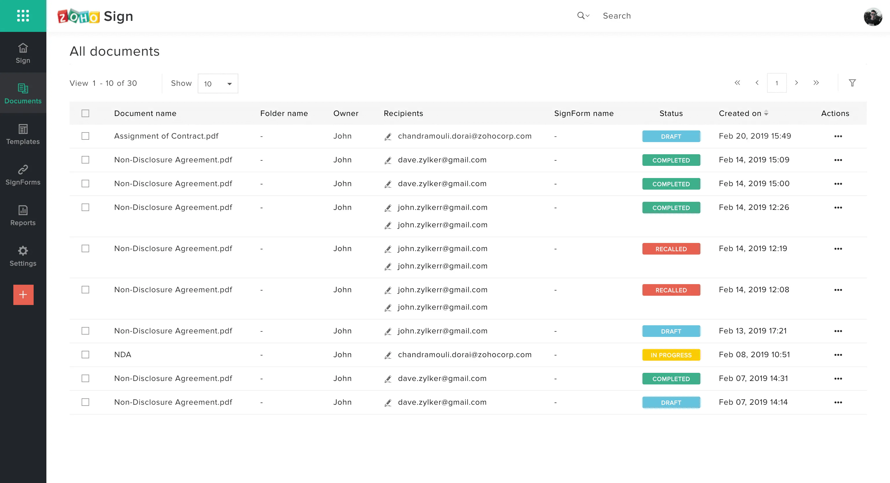 Zoho sign document management 