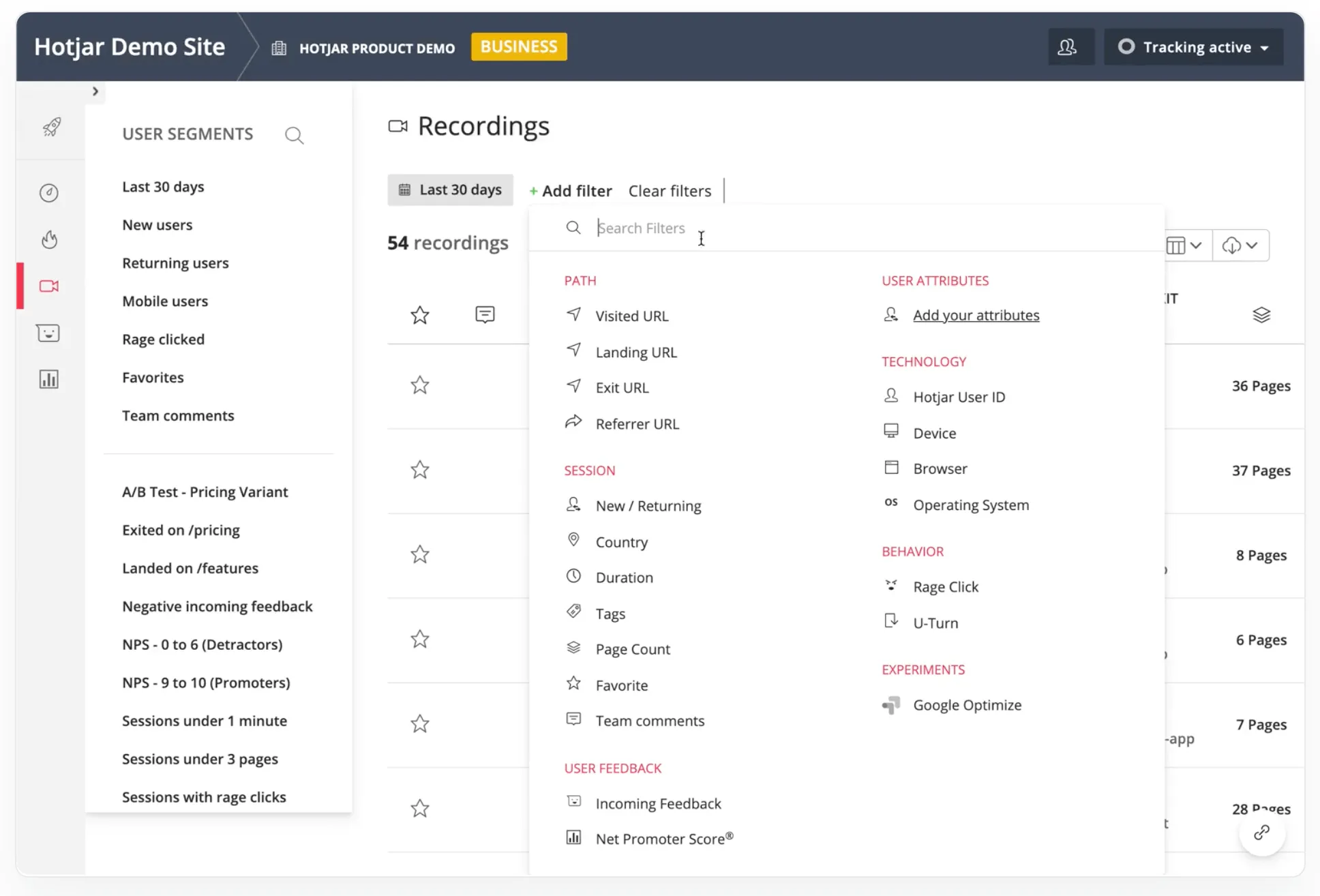 Users segmentation in Hotjar