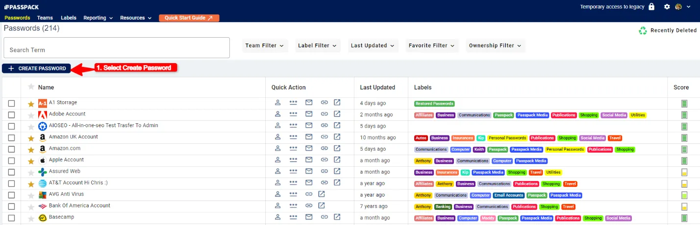 create passwords in Passpack