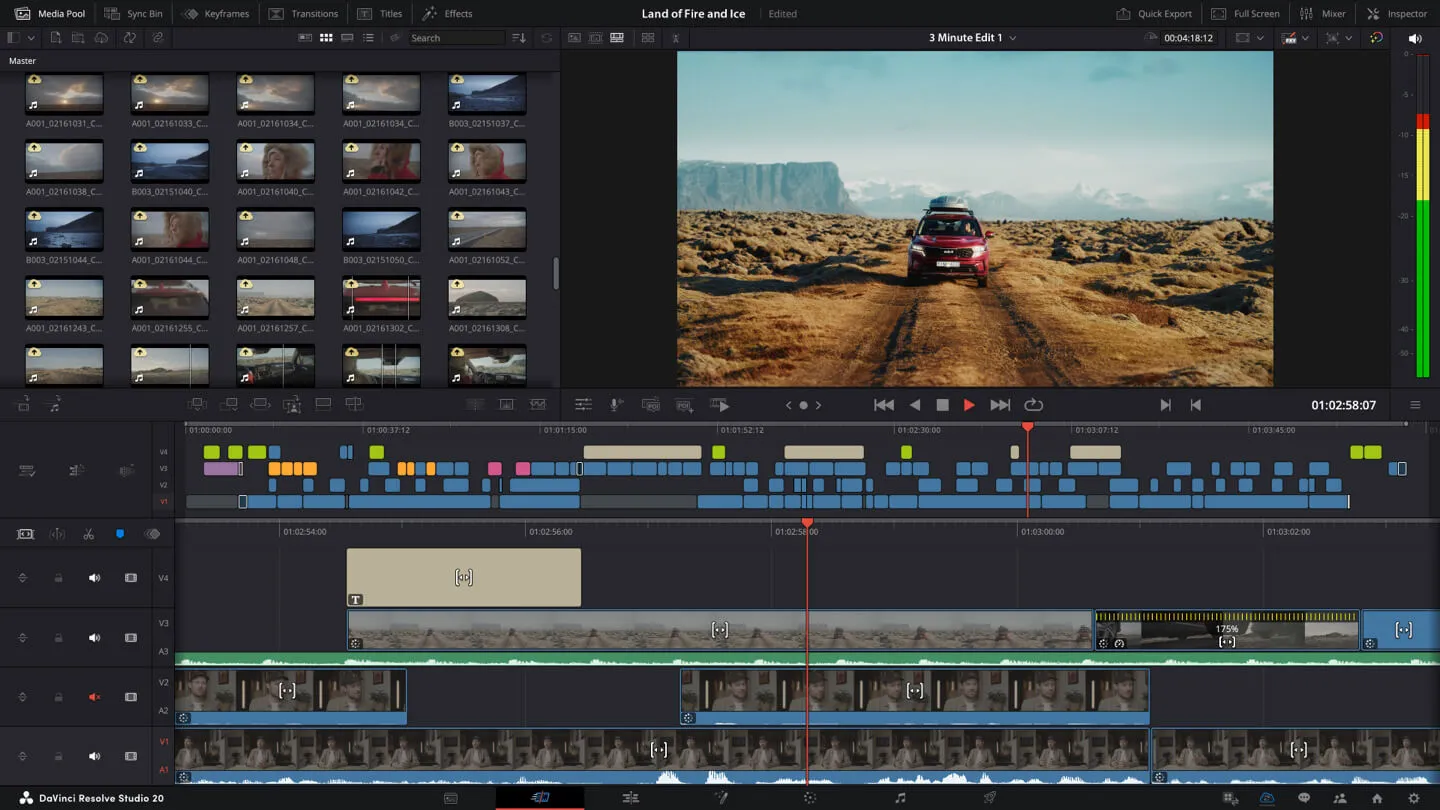 Dashboard, timeline, editing in DaVinci Resolve