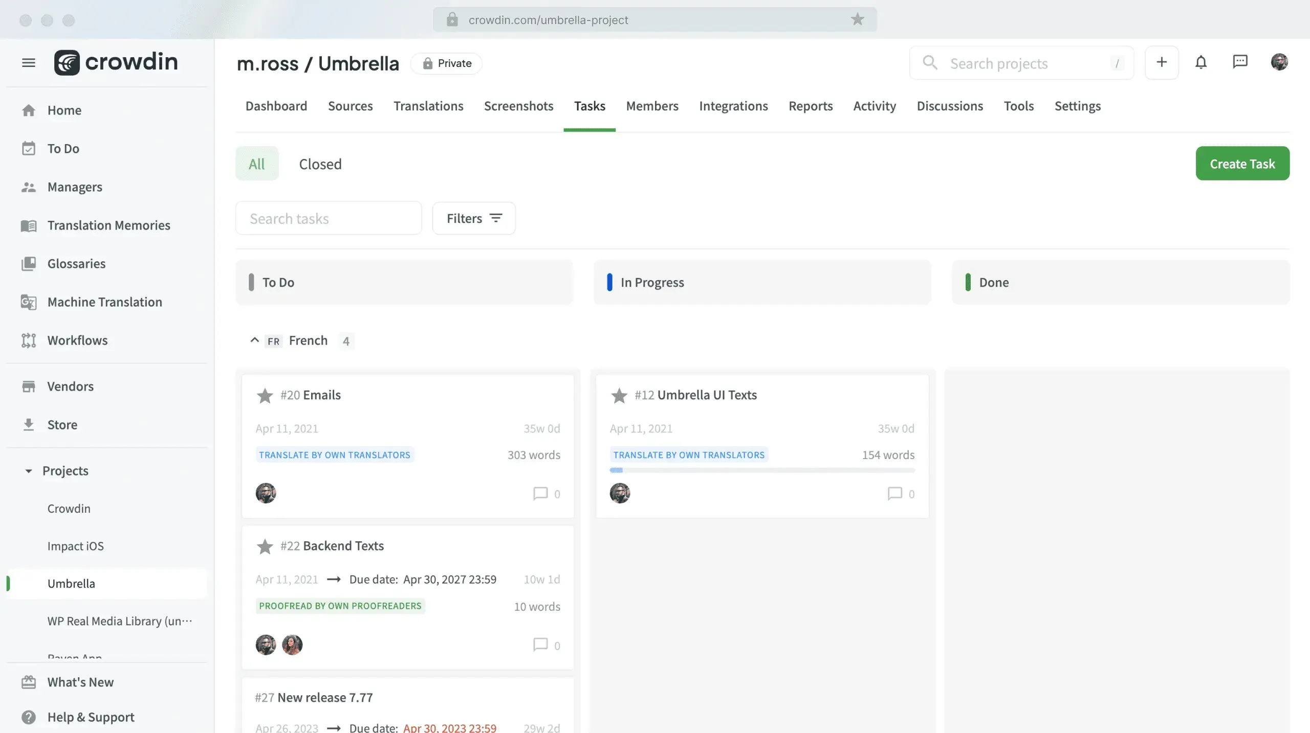 Crowdin dashboard