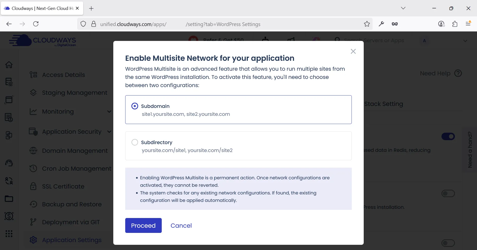 subdomain or subdirectory structures when enabling WordPress Multisit