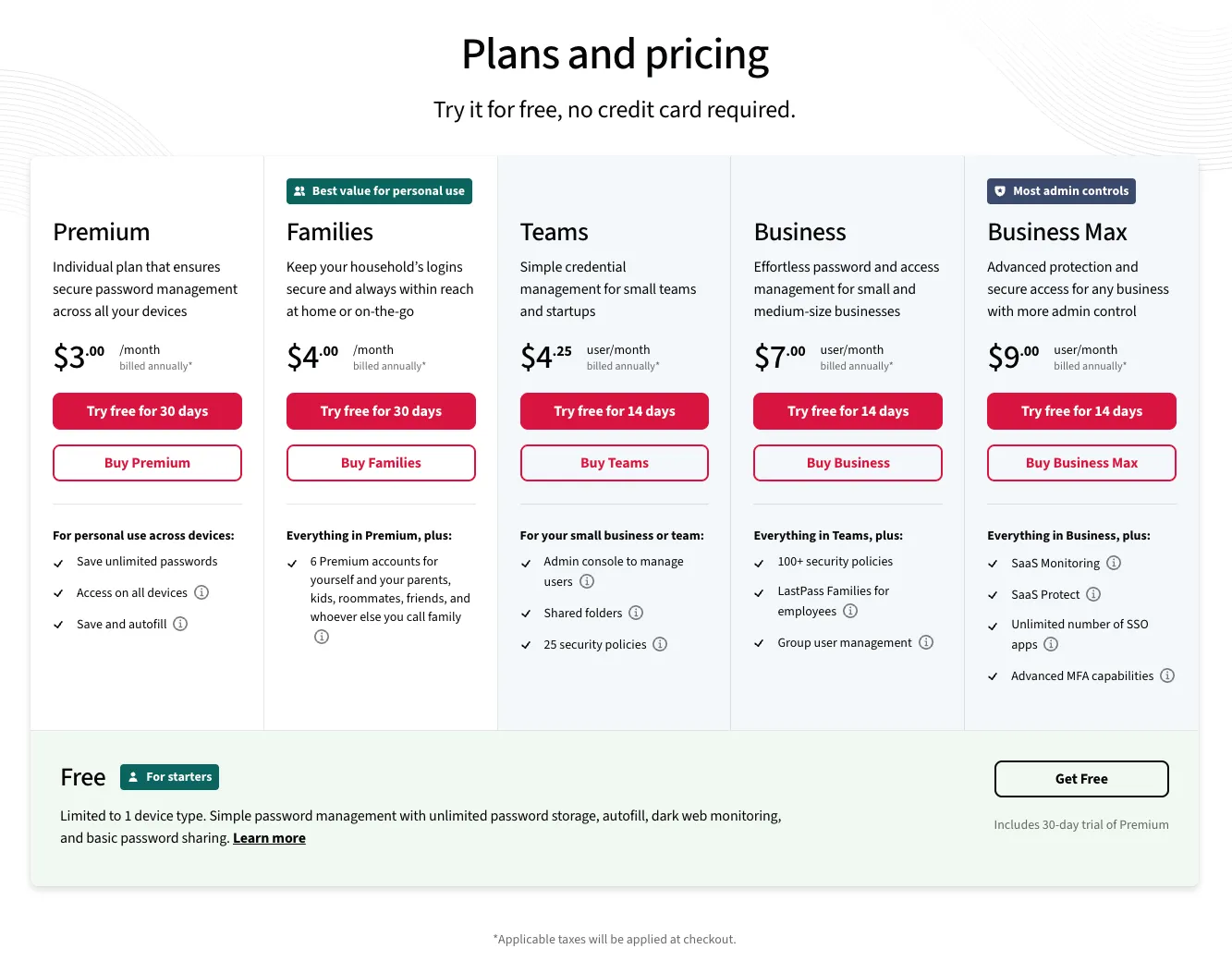 Screenshot of the LastPass pricing page